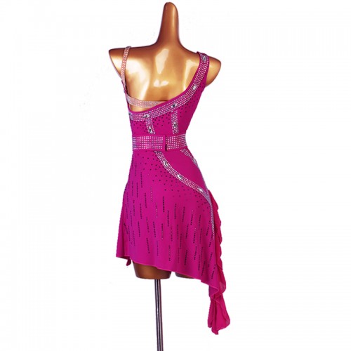 Hot pink with silver gemstones competition latin dance dresses latin performance clothing modern dance rumba salsa chacha dance dress for female